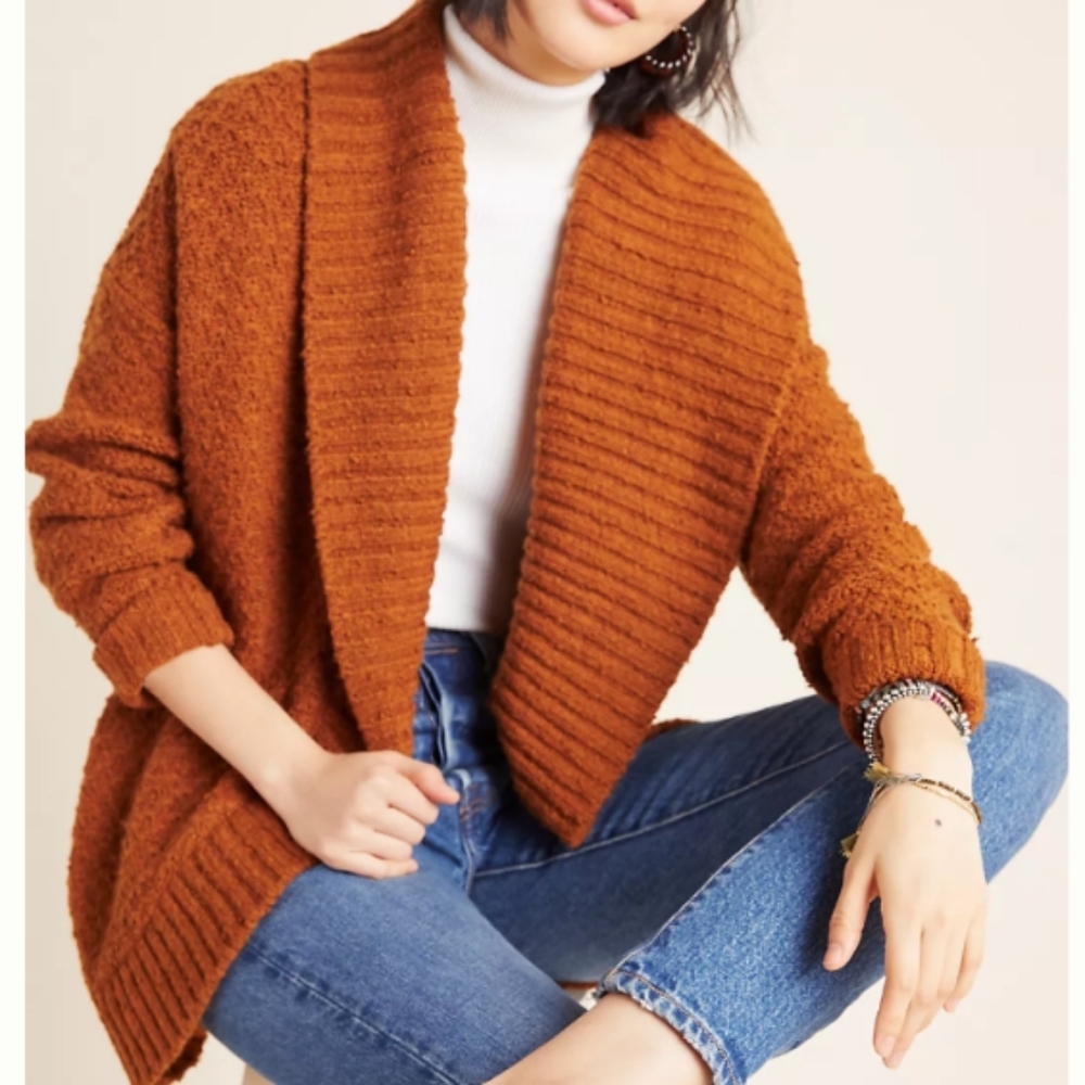 by Anthropologie Denise Textured Cardigan Burnt Orange Oversized Knit Sweater XS